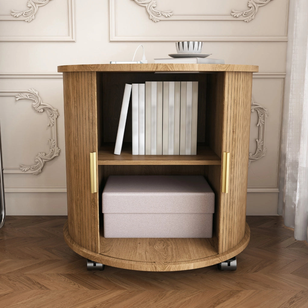 Tavolino da notte cilindrico in stile Mid-Century con stazione di ricarica; anta scorrevole; rovere; 60x60 cm