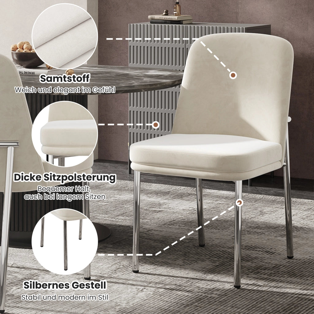 Sedie da sala da pranzo 4 pezzi con cuscino imbottito e gambe in metallo, design moderno minimalista, in velluto beige