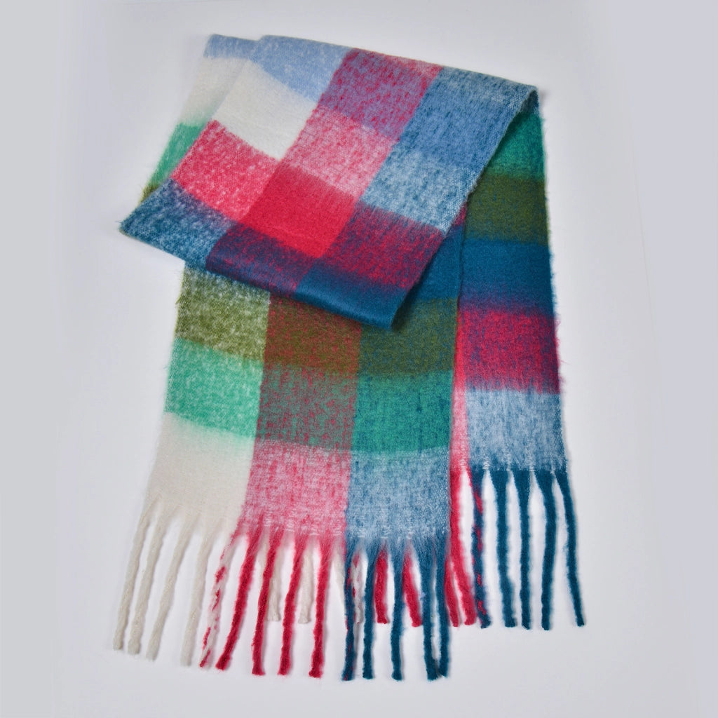 Nuova sciarpa a quadri arcobaleno, elegante, spessa, calda, lunga sciarpa a quadri con nappe