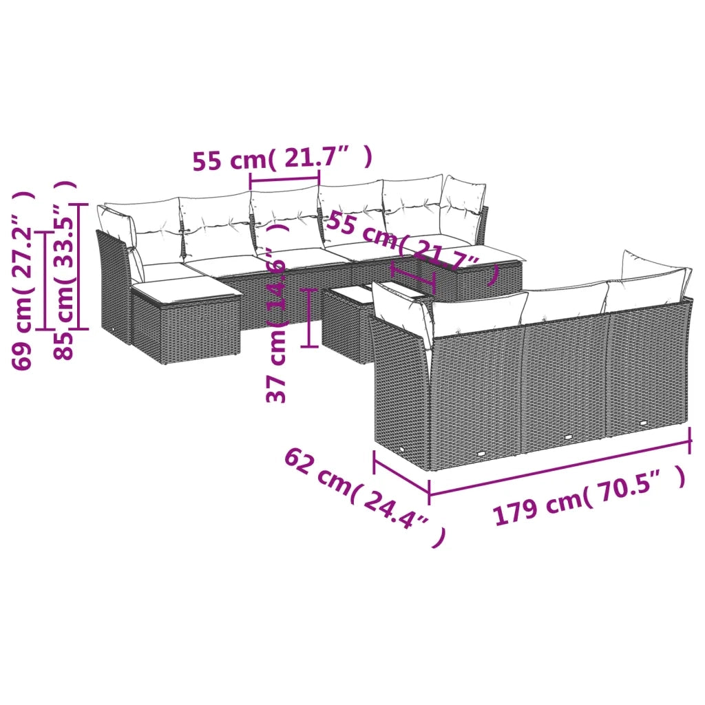 Set Divani da Giardino 11 pz con Cuscini in Polyrattan Nero 3250175