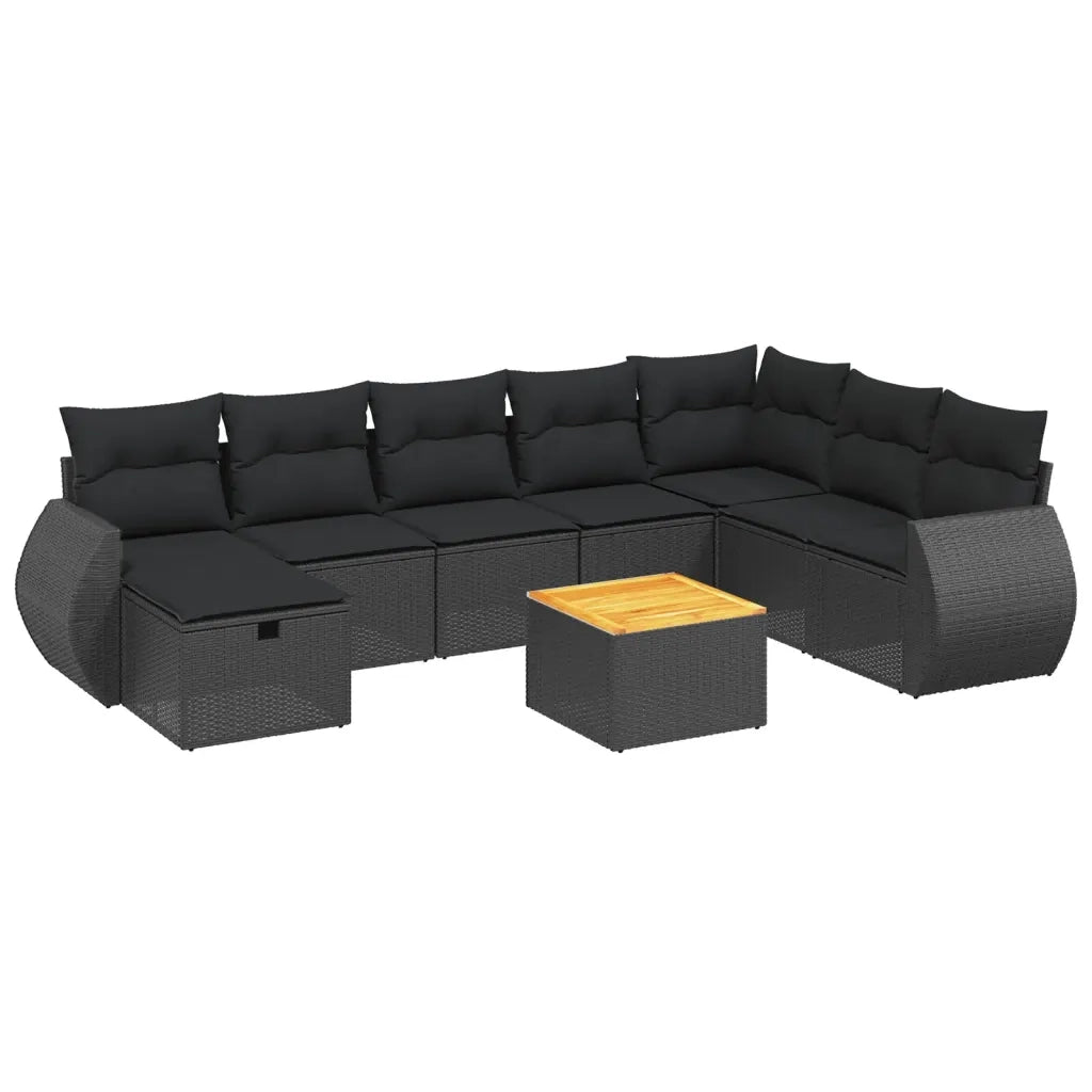 Set Divani da Giardino 9 pz con Cuscini Nero in Polyrattan