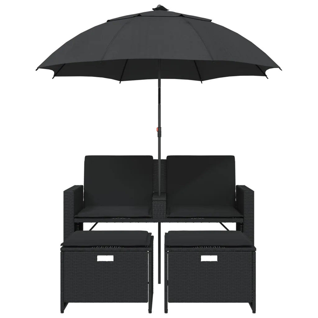 Divano Giardino 2 Posti Ombrellone e Sgabelli Nero Polyrattan 365883