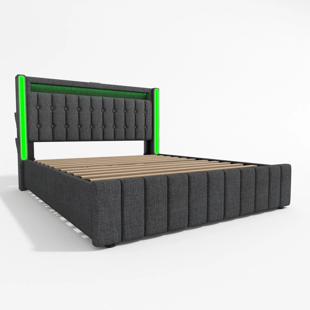 Letto Imbottito con LED, USB e 4 Cassetti ¨C MINIMAL ¨C Grigio 160x200 cm