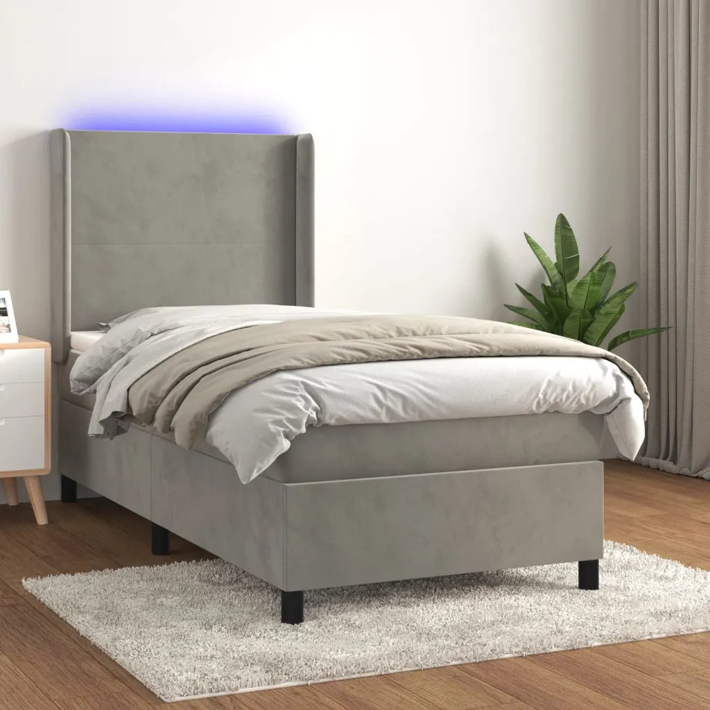 Letto singolo | Letto per adulti | Letto a Molle Materasso e LED Grigio Chiaro 90x200 cm Velluto
