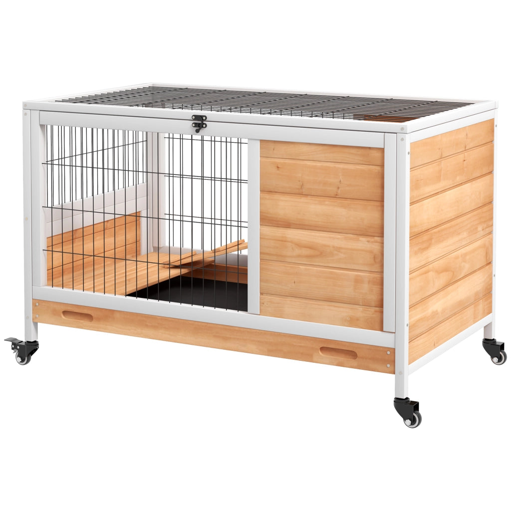 Casetta Interna per Conigli e Porcellini d'India in Legno con Coperchio Apriporta e Rotelle ¨C Minimal ¨C Giallo e Bianco 90x53x59 cm