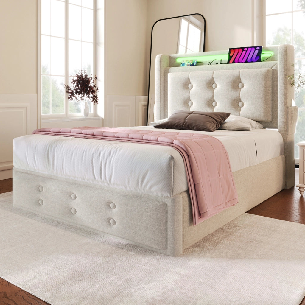 letto imbottito cotone lino beige 90 x 200 cm