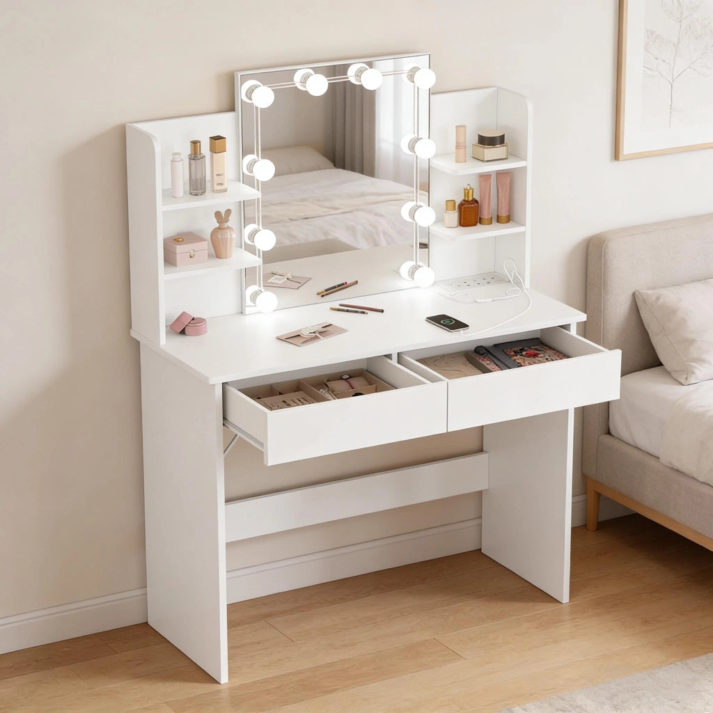 Toeletta con specchio; 2 cassetti; 4 ripiani; luci e prese usb per camera da letto; bianco; 90×135×40 cm