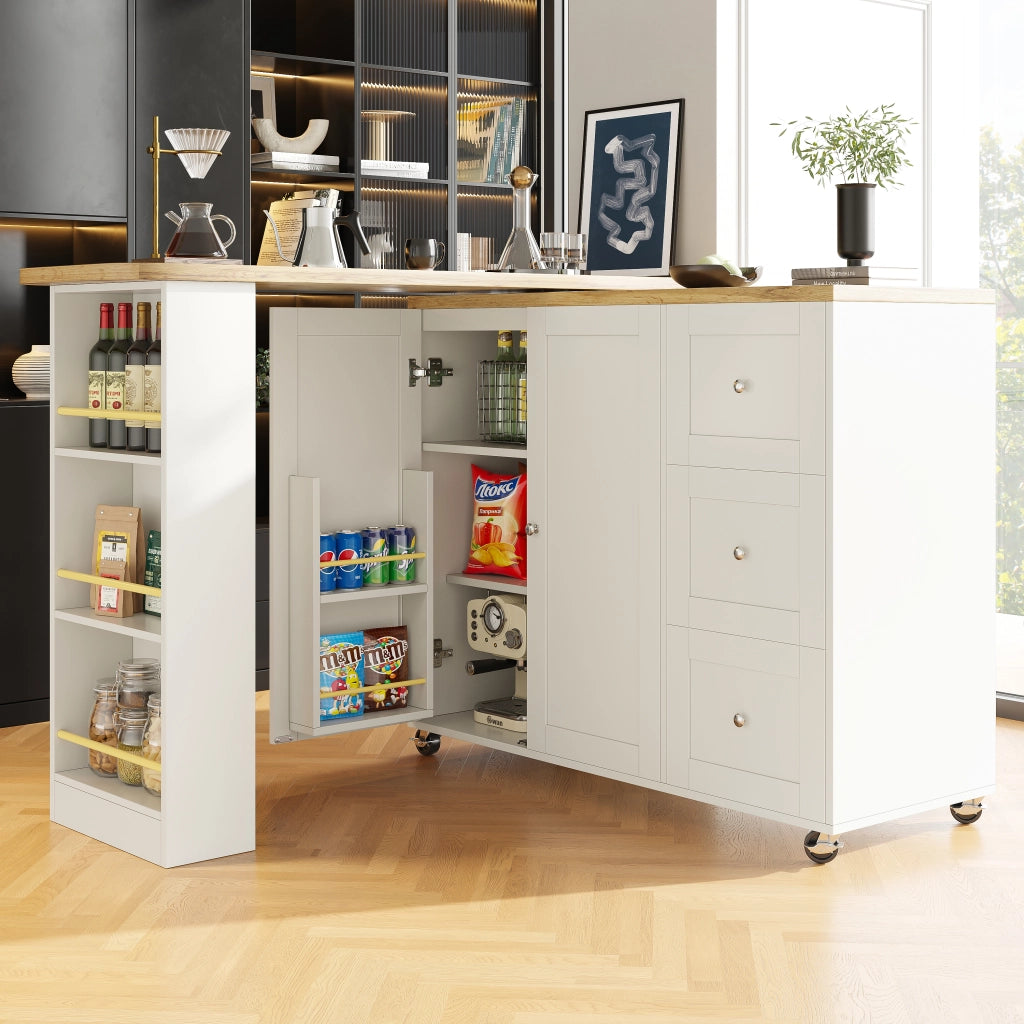 Tavolo rotante multifunzionale - Zephmum - 135-203x39x106 cm - Bianco - 3 cassetti e portasnack