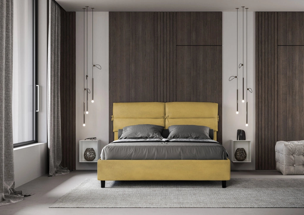 BS COM Letto matrimoniale con rete imbottito 160x190 microfibra ocra