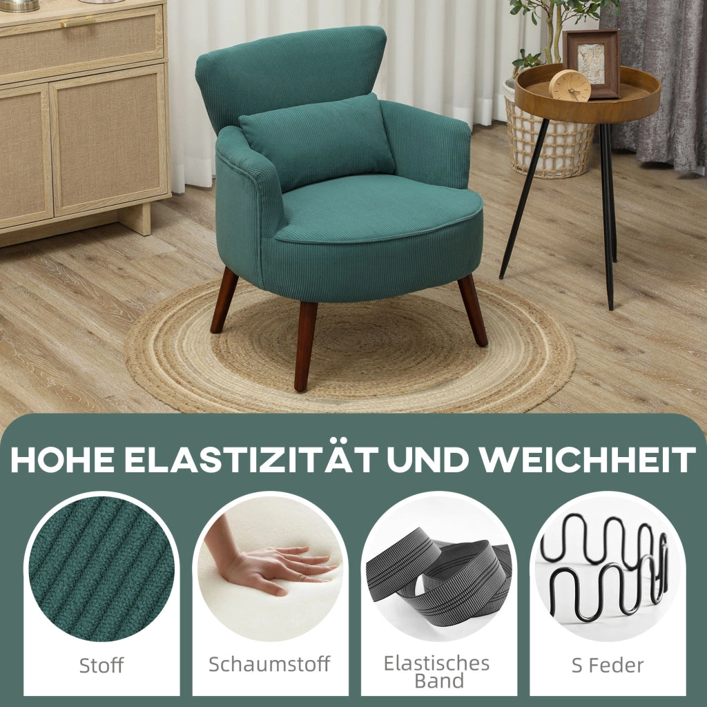 Poltrona con schienale, braccioli arrotondati, poltrona imbottita effetto velluto a coste, gambe in legno, per camera da letto, soggiorno, fino a 120