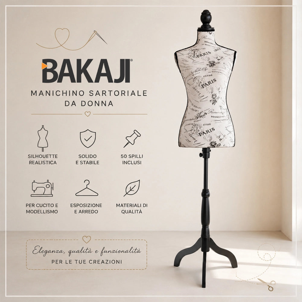Manichino Sartoriale Femminile con 50 Spilli Modello Paris Sartoria Donna in Schiuma PE Bianco e Nero