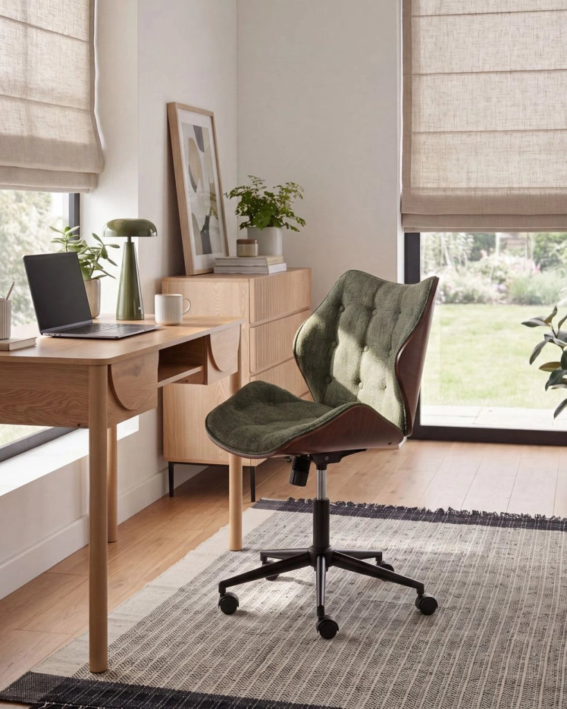 Sedia da ufficio regolabile con funzione girevole Seduta in compensato con rivestimento in tessuto bouclé Marrone scuro e verde elegante