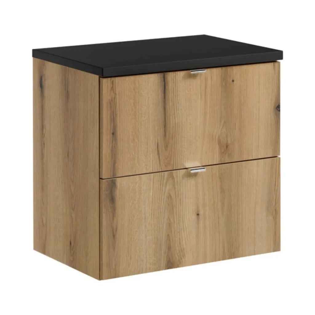 Set da bagno sospeso VANO finitura quercia e nero 60cm: mobile sottolavabo con cassetti + piano per lavabo