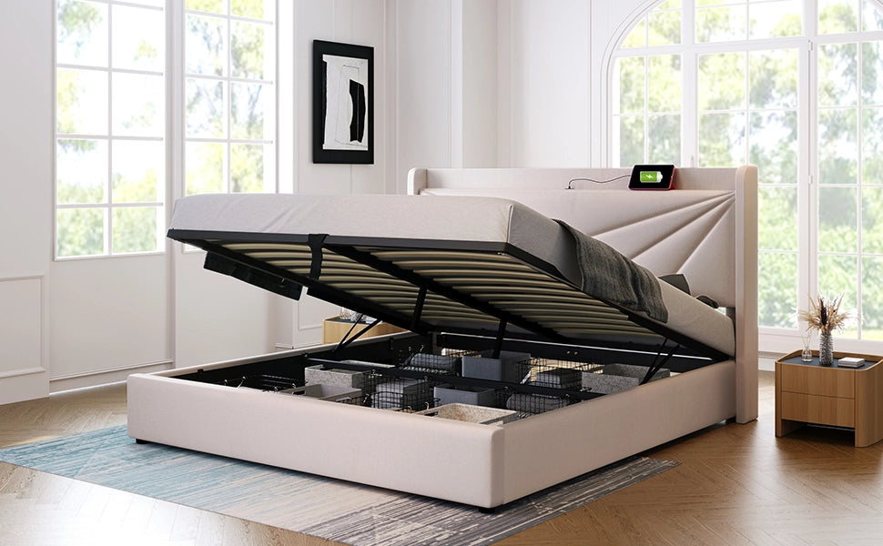 DESMIU Letto Contenitore Letto Matrimoniale con USB, Tipo C e Testiera Geometrica 140 × 200 cm Senza Materasso Beige