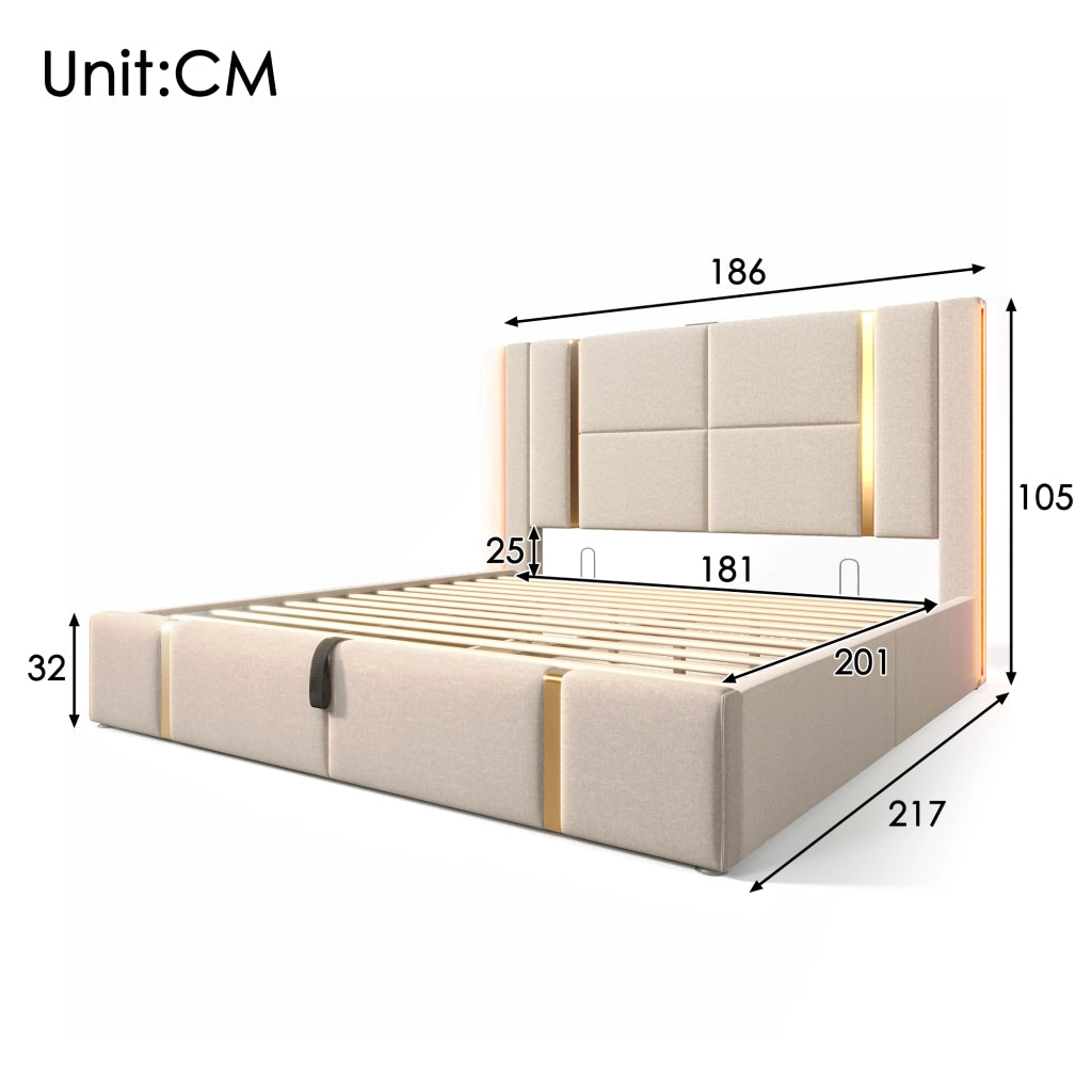 LETTO Contenitore 180x200 cm Beige in lino con USB e LED