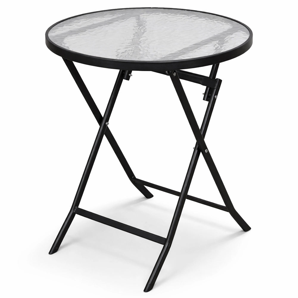 Tavolo Pieghevole Rotondo da Esterno Ø60x71cm con Struttura in Acciaio e Piano in Vetro Nero