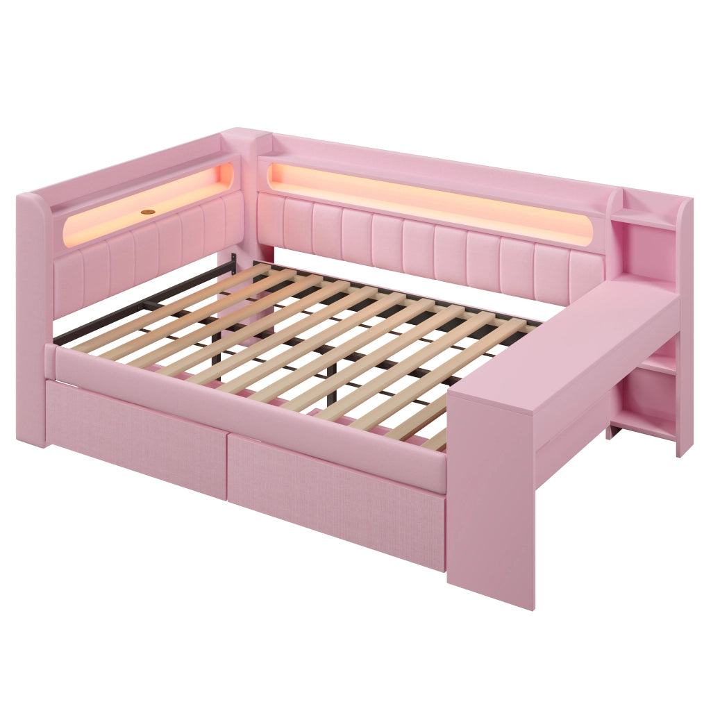 Daybed imbottito 140x200 cm rosa con USB, LED, scrivania e 2 cassetti