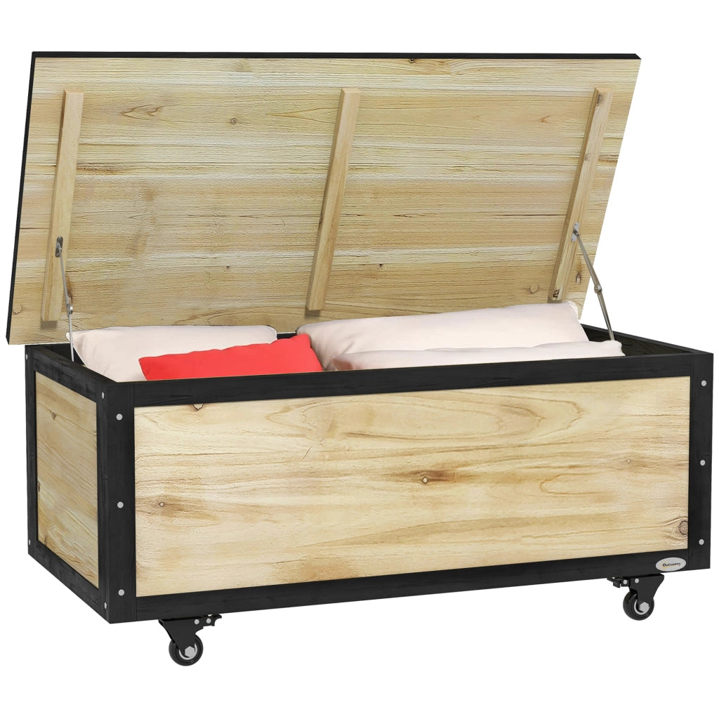 Mobile contenitore da esterno con coperchio e 2 ruote; in legno; per balcone e terrazza; 100×50×43 cm