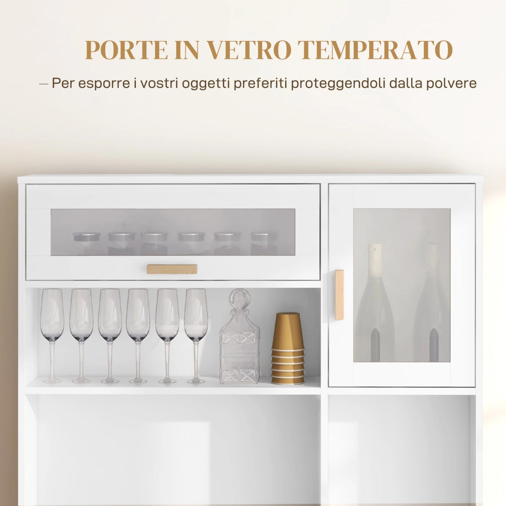 Mobile Dispensa con Portabottiglie, Armadietti, Ripiani e Cassetto, in Truciolato e Legno, 100x38x172 cm, Bianco
