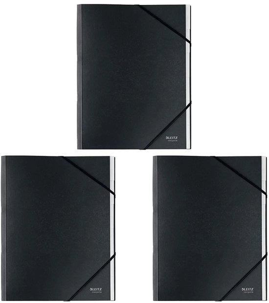Cartellino A4, 6 compartimenti integrati, chiusura con cinture elastiche, 100% riciclabile, ecocompatibile, Serie Riciclo, nero, 39140095 (confezione da 3)