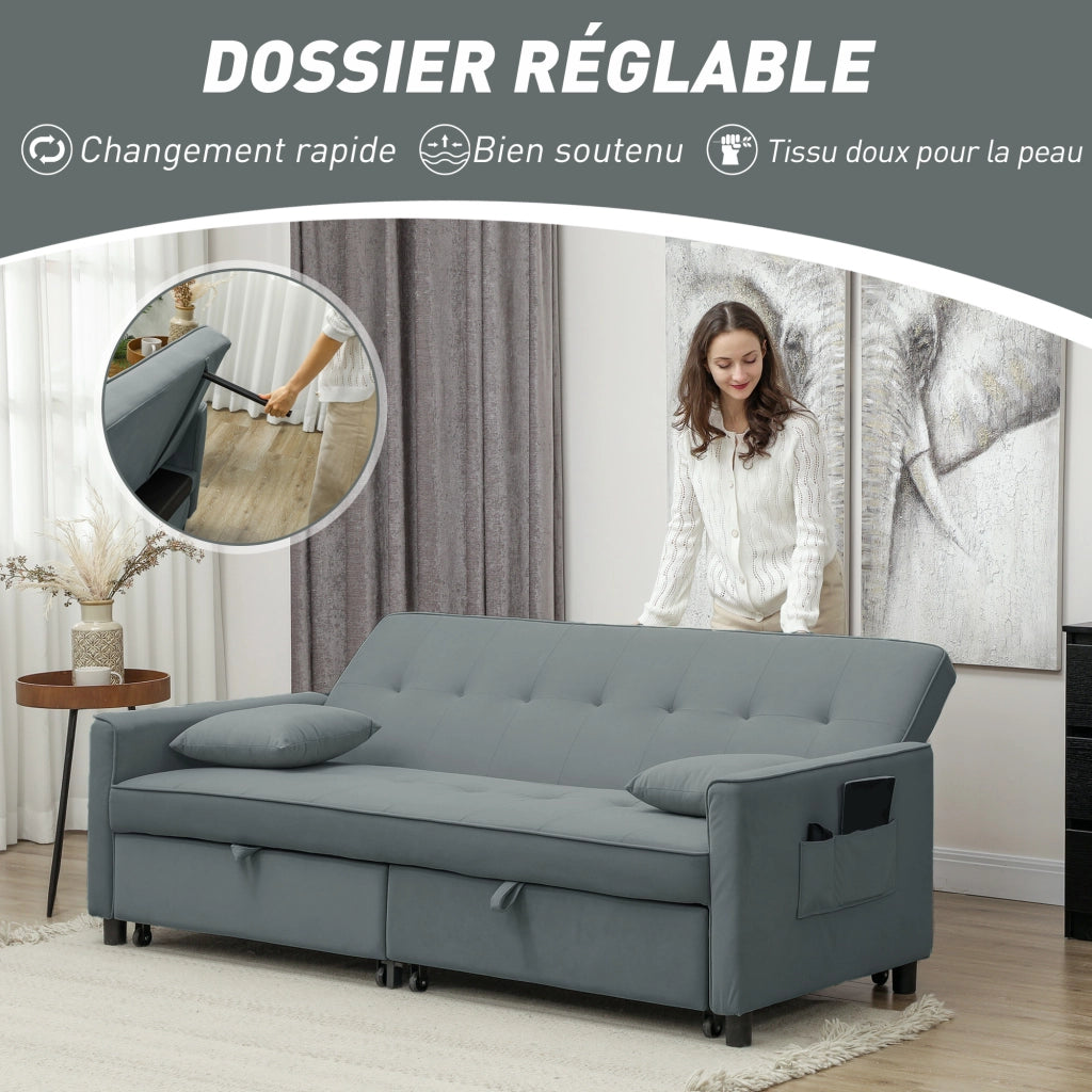 Divano letto 3 posti clic clac reversibile con regolazione schienale e cuscini ¨C zephmum ¨C grigio 196x90x89 cm