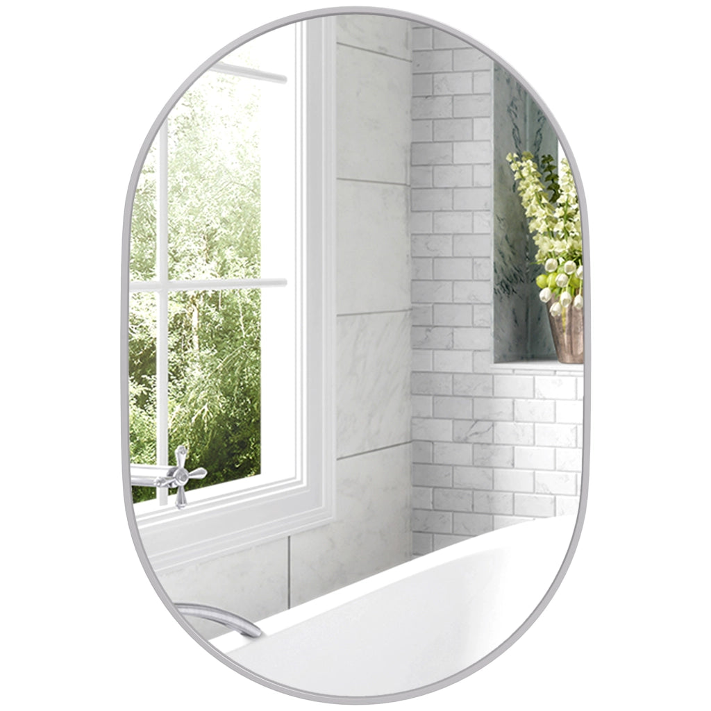 Specchio Bagno Ovale da Parete con Cornice in Alluminio, Verticale o Orizzontale, 60x90 cm, Argento