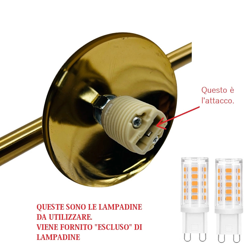 Applique lampada da parete in acciaio finitura ottone con sfere in vetro opaco attacco lampadine G9