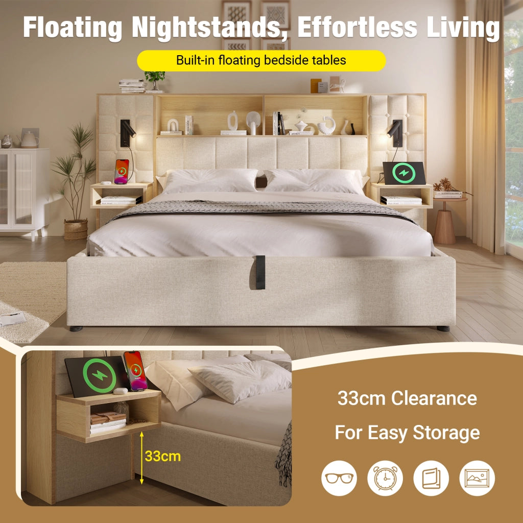 DESMIU Lit coffre 180 × 200 cm 2 posti con lampade da lettura, USB e Type-C, senza materasso, beige