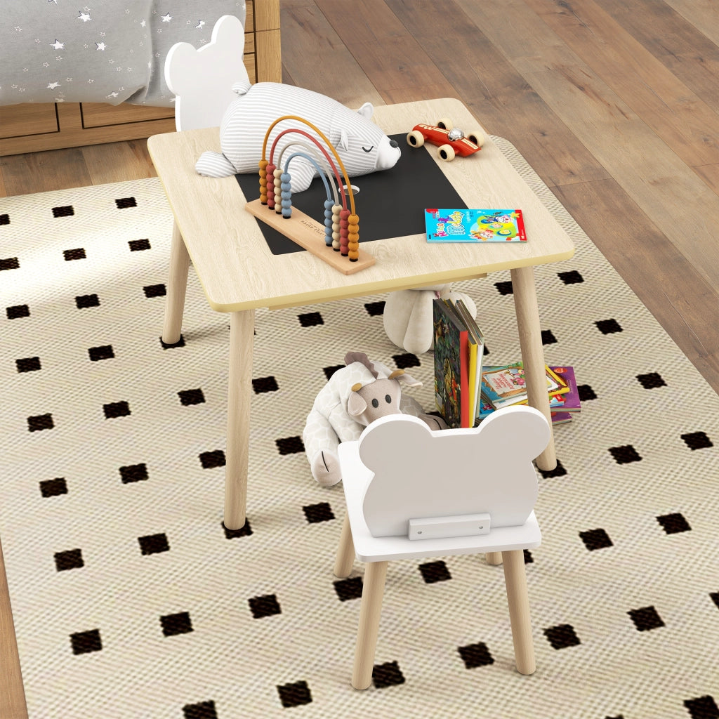 Tavolo da pranzo per bambini con 2 sedie e lavagna ¨C zephmum ¨C bianco e naturale 60x60x44 cm