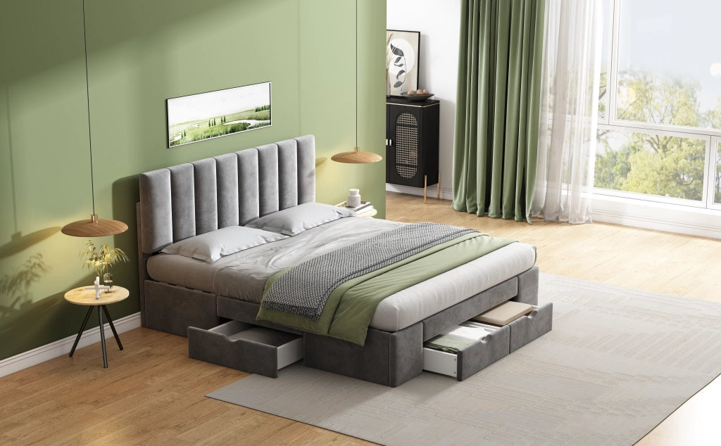 DESMIU Letto imbottito 160 × 200 cm 2 posti con 4 cassetti, testiera regolabile, senza materasso, in velluto grigio