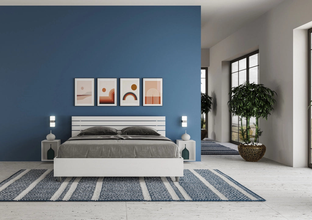 BS COM Letto matrimoniale contenitore 160x200 testata inclinata con doghe bianco frassino