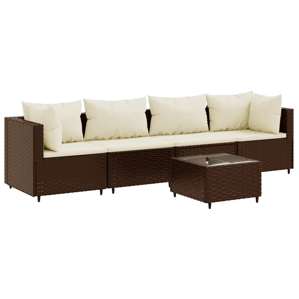 Set Divani da Giardino 5 pz con Cuscini Marrone in Polyrattan