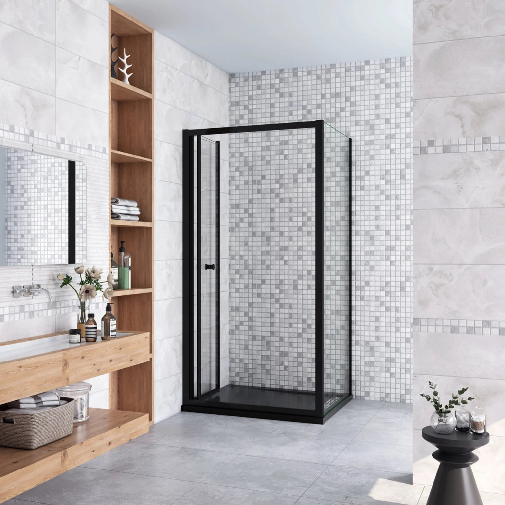 185cm Box Doccia Angolare Porta a Soffietto con Parete Fissa 80x70cm in Vetro Temperato Trasparente 5 mm Profilo Nero Opaco