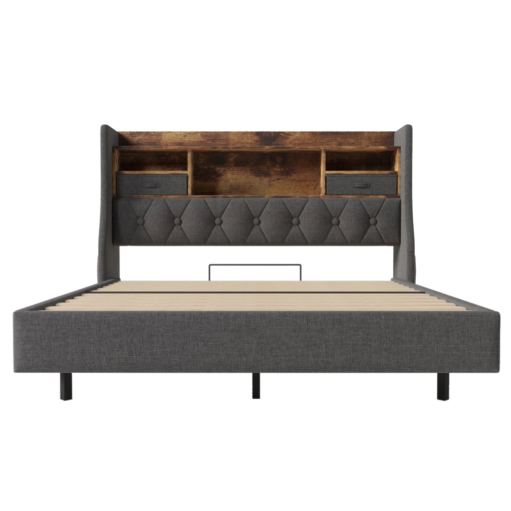Letto matrimoniale 140x190 cm in lino grigio con LED, testiera portaoggetti e porte USB/Type-C, senza materasso