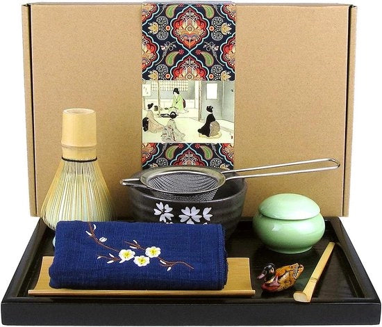 Set di tè Matcha - cucchiaio tradizionale - caddy di tè Matcha nero - contenitore di bambù - vassoio ceramico per tè Matcha - caddy di tè Matcha - kit artigianale per cerimonia del tè Matcha - cerimonia del tè giapponese (10pz)