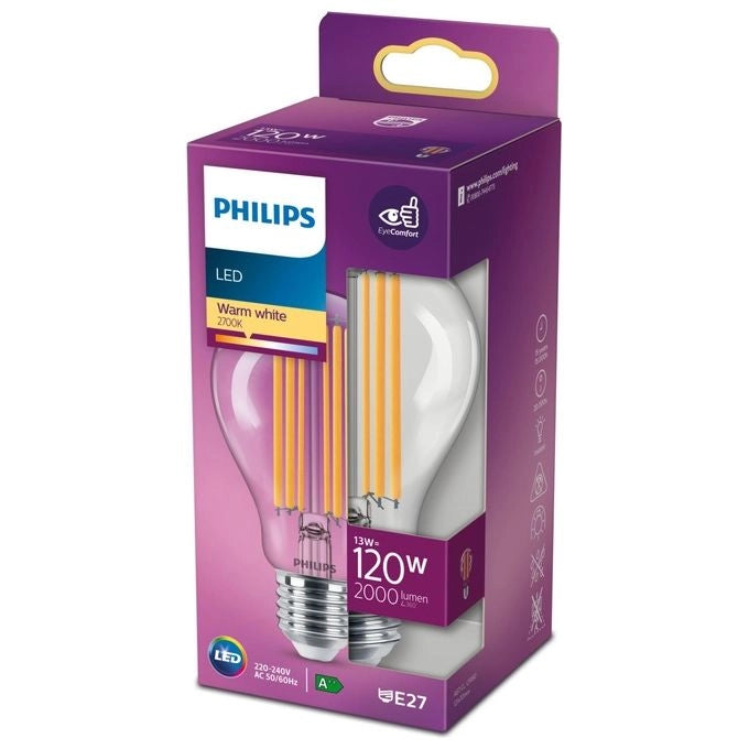 Philips LED CLASSIC 120W A67 E27 WW CL ND SRT4 Lampadina LED Goccia E27 13W 2000lm 2700K Classe D colore Trasparente
