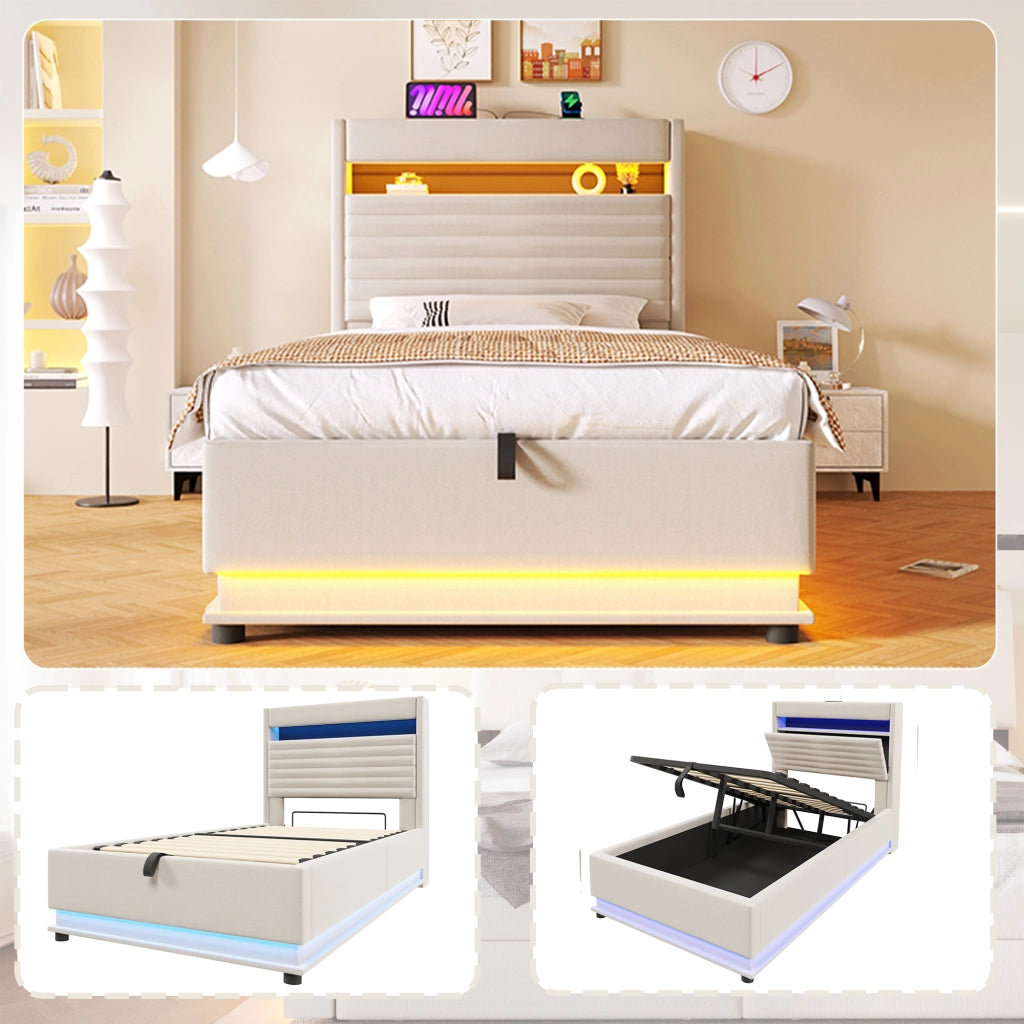 LETTO Contenitore 90x200 cm in lino beige con LED e USB Type-C