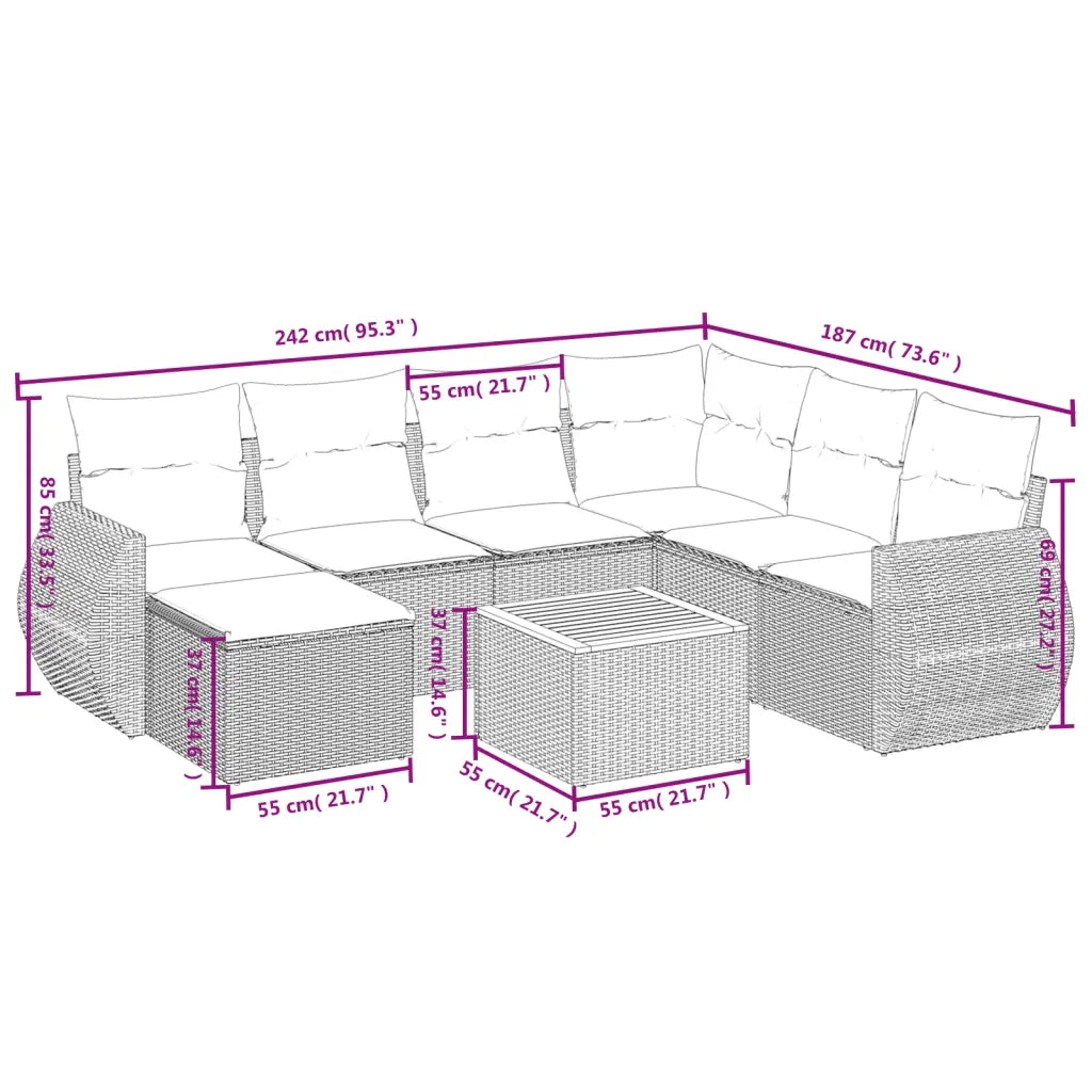 Set Divano da Giardino 8 pz con Cuscini Grigio in Polyrattan 3225122
