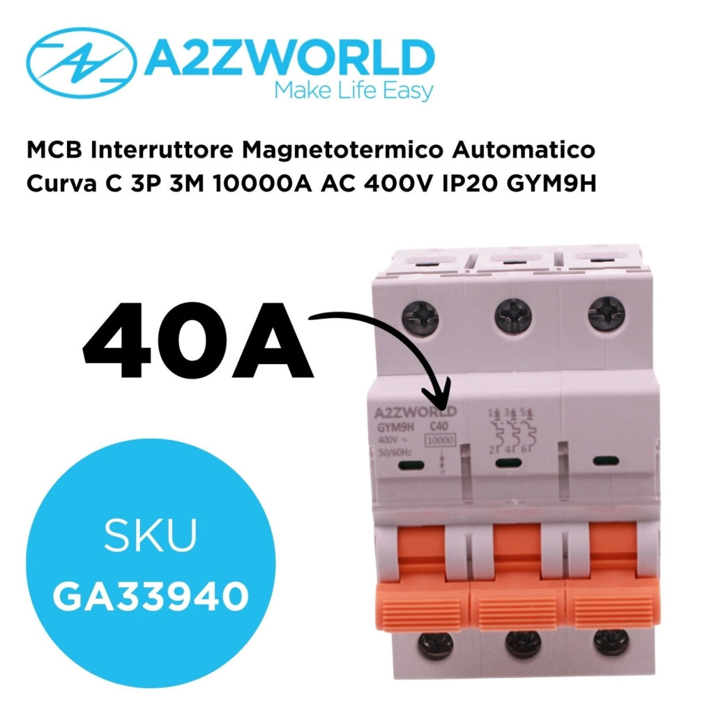 MCB Interruttore Magnetotermico Automatico Curva C 3P 3M 10000A AC 400V IP20 GYM9H, Accoppiabile Con Bobina di Sgancio GA01231 GA01232, Disponibili 16A 20A 25A 32A 40A 63A (C40A)