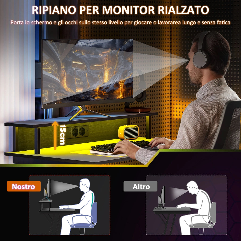 Scrivania Gaming con Supporto Monitor e Luci LED ¨C Minimal ¨C Nero, Truciolato e Acciaio, 100x60x88.5 cm