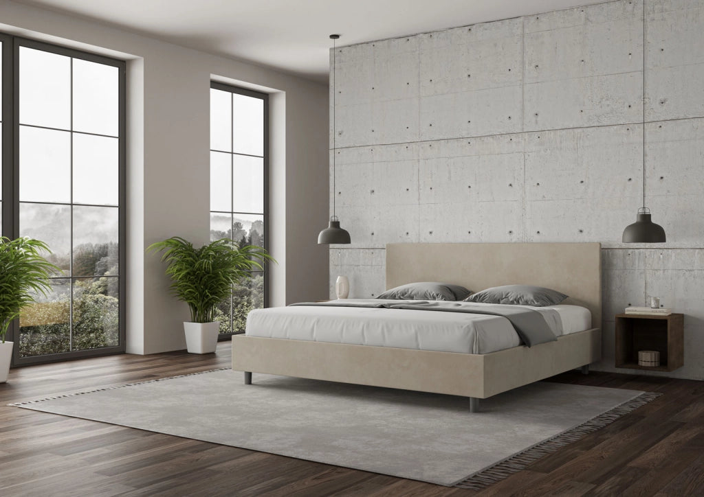 BS COM Letto senza rete imbottito 180x200 microfibra sabbia
