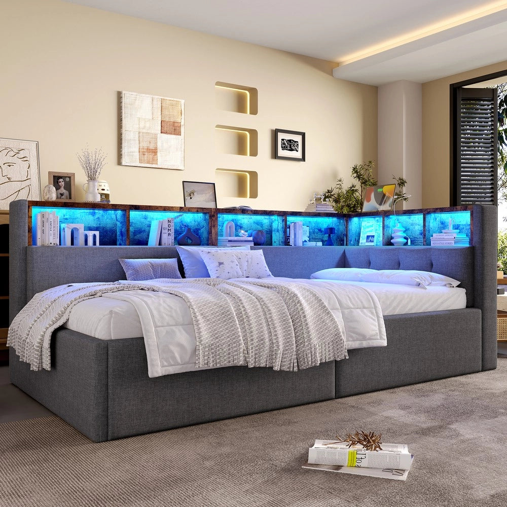 Letto Diurno con Contenitore e LED ¨C Xylo ¨C Tessuto Grigio 90x200 cm