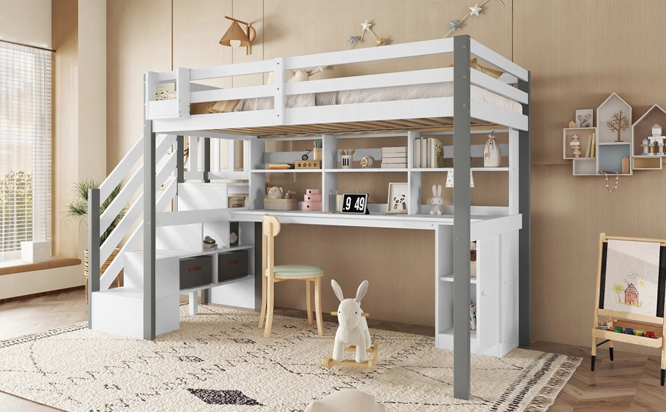 LETTO a soppalco con scrivania e scaffale, 90 x 200 cm, bianco/grigio