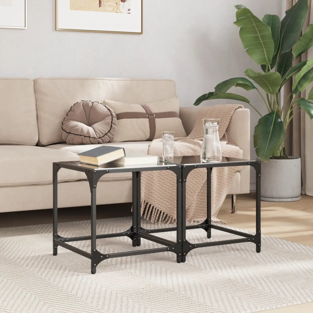 Tavolini da Salotto con Piano Vetro Nero 2pz 40x40x40cm Acciaio 845961