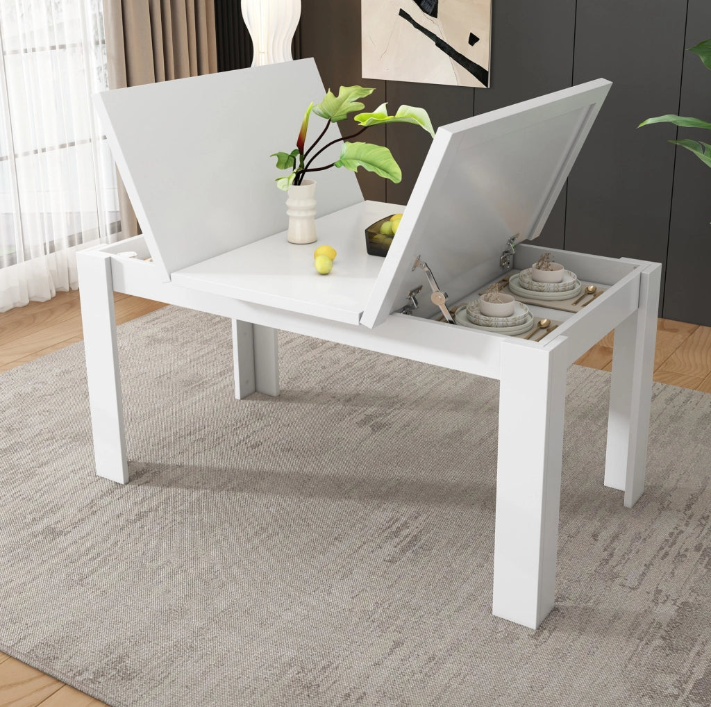 Tavolo da pranzo con vano contenitore nascosto e piano apribile in MDF bianco