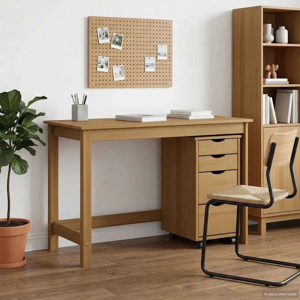 Set Scrivania | Tavolo da Ufficio e mobiletto su ruote MOSS 2 pz Marrone Miele
