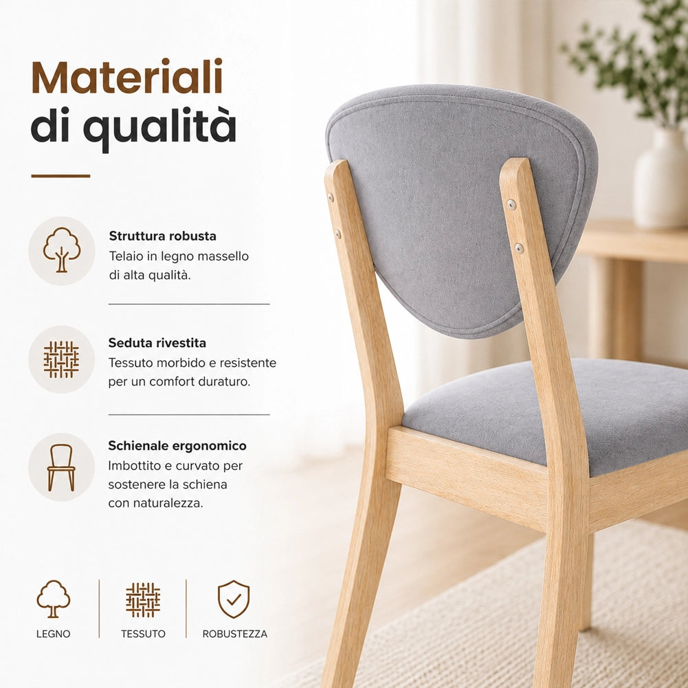 Set 2 Sedie da Pranzo in Legno Chiaro Rivestimento in Tessuto Grigio 52x47x84 cm