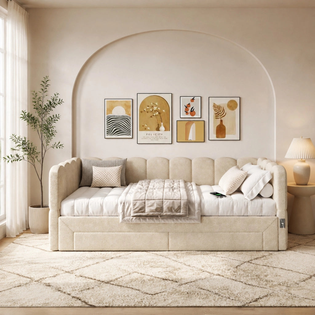 Letto da giorno estraibile con 2 cassetti; USB e Type-C; 180x190 cm; in chenille beige