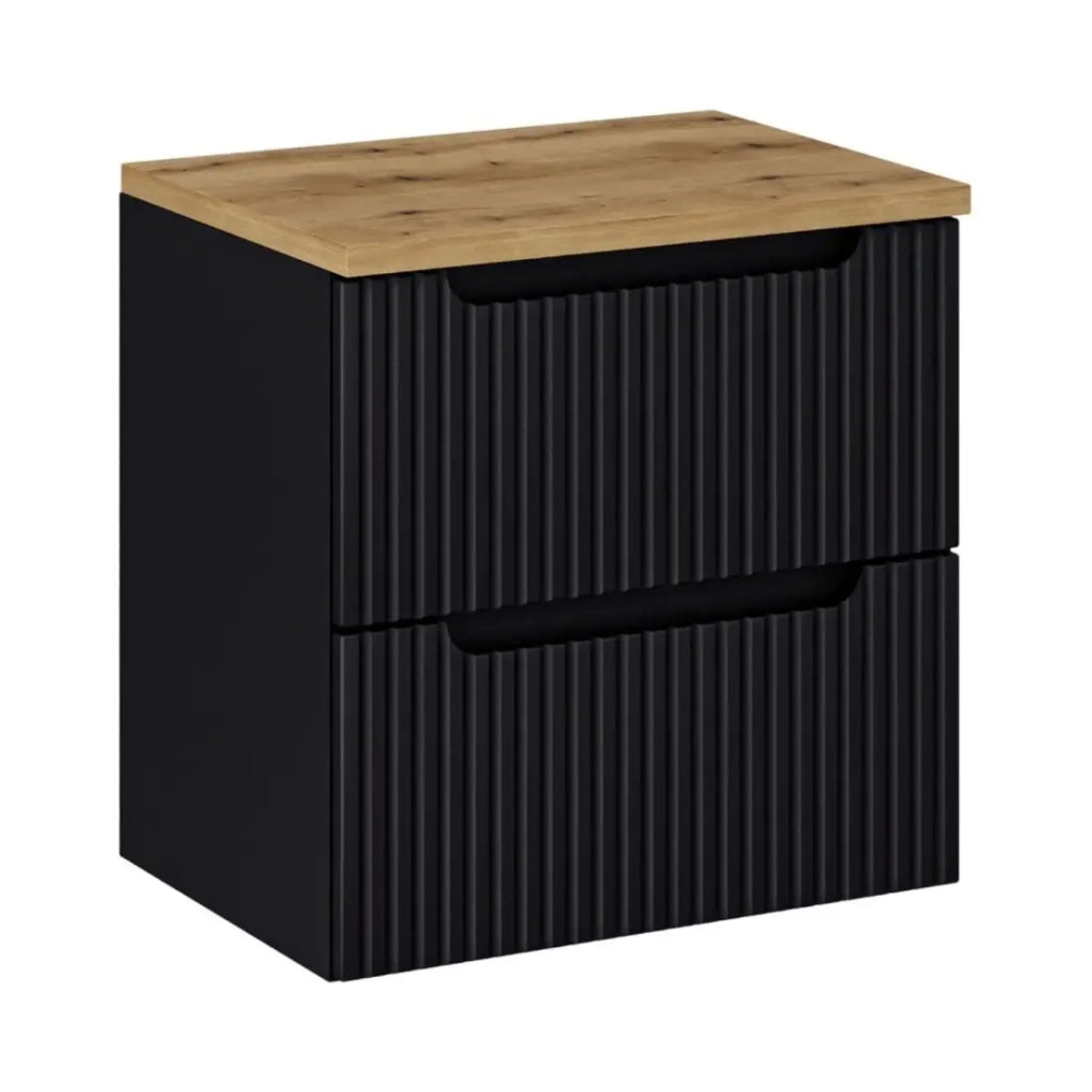 Set da bagno VANO 60cm: mobile sottolavabo con cassetti scanalati verticalmente + piano per lavabo effetto rovere