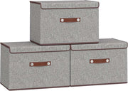 Set di 3 scatole di stoccaggio con coperchio, scatola di stoffa pieghevole con manico in PU, deposito per abbigliamento, giocattoli, libri, coperte, camera, camera da letto, soggiorno, 38 x 25 x 25 cm, grigio